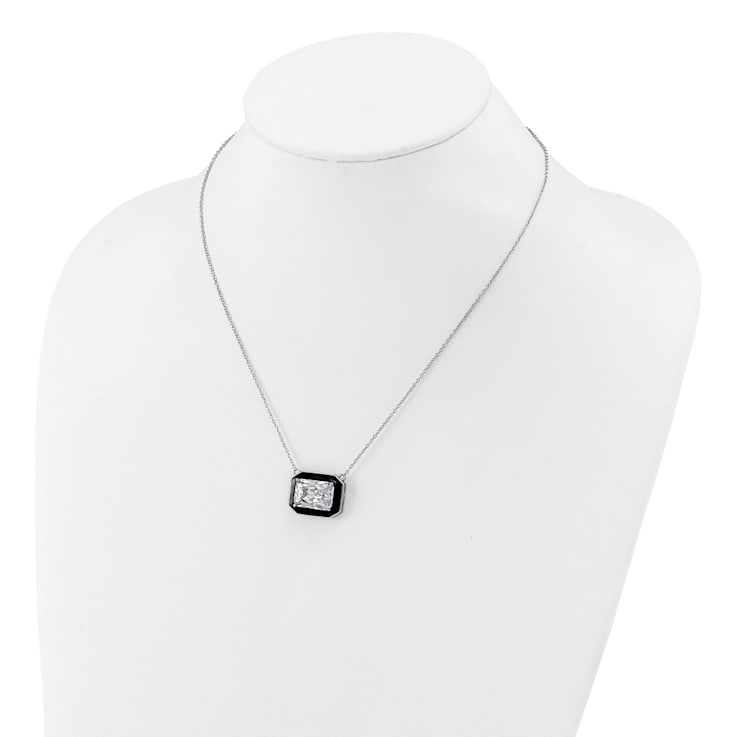 Rhodium Over Sterling Silver Polished Black Enamel and Cubic Zirconia Necklace