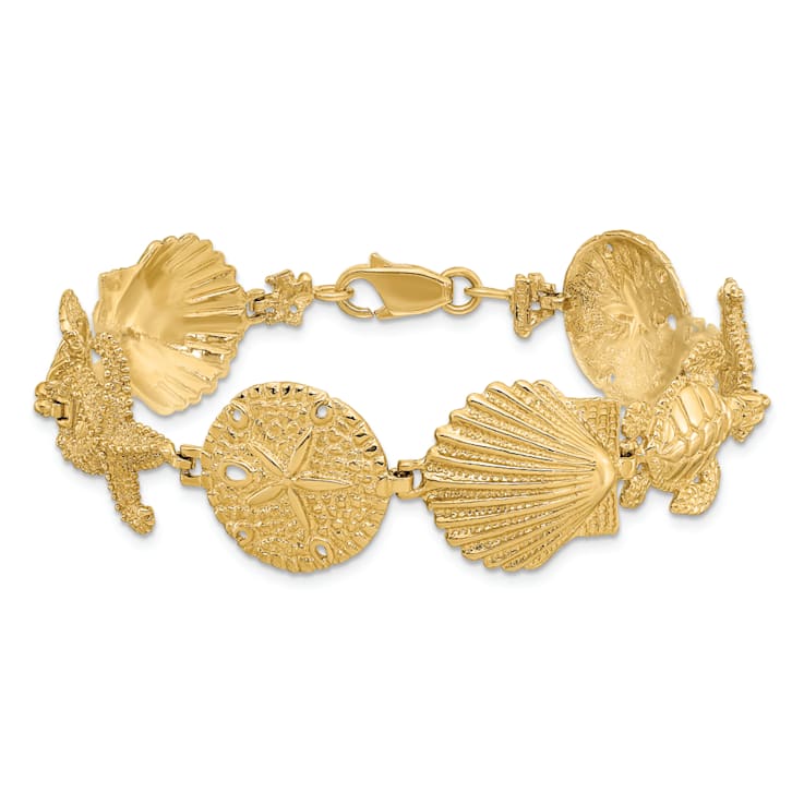 14k Yellow Gold Polished and Textured Sand Dollar, Starfish and Turtle
Link Bracelet
