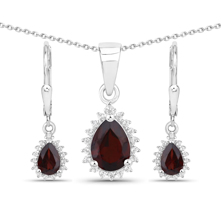 Red Garnet and White Topaz Rhodium Over Sterling Silver Necklace and
Earrings 2 Piece Jewelry Set