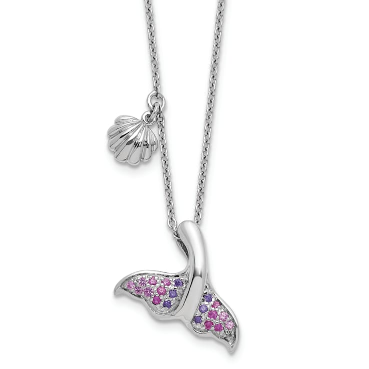 Rhodium Over Sterling Silver Polished Cubic Zirconia Whale Tail 17.75
Inch Necklace