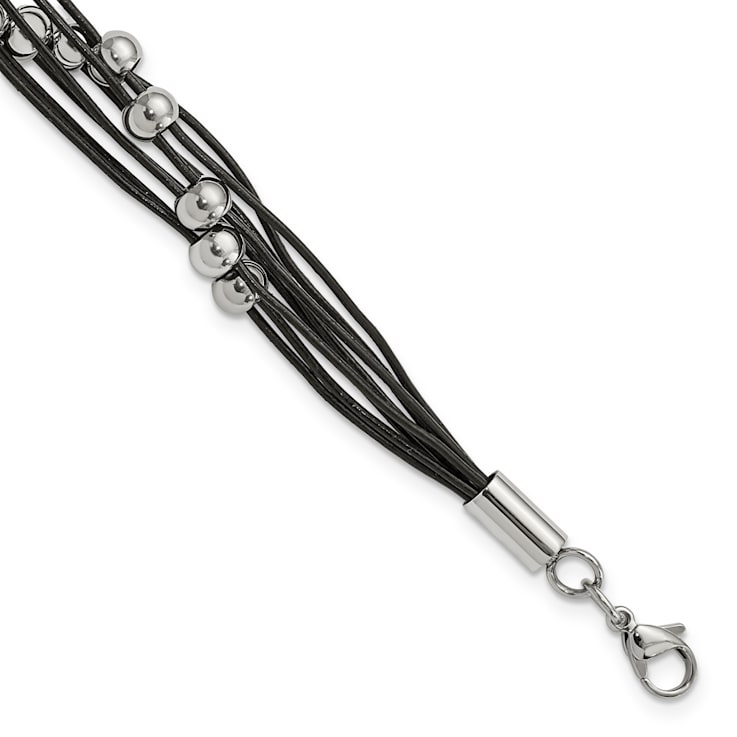 Black Leather and Stainless Steel Polished Beaded Multi-Strand 8-inch Bracelet