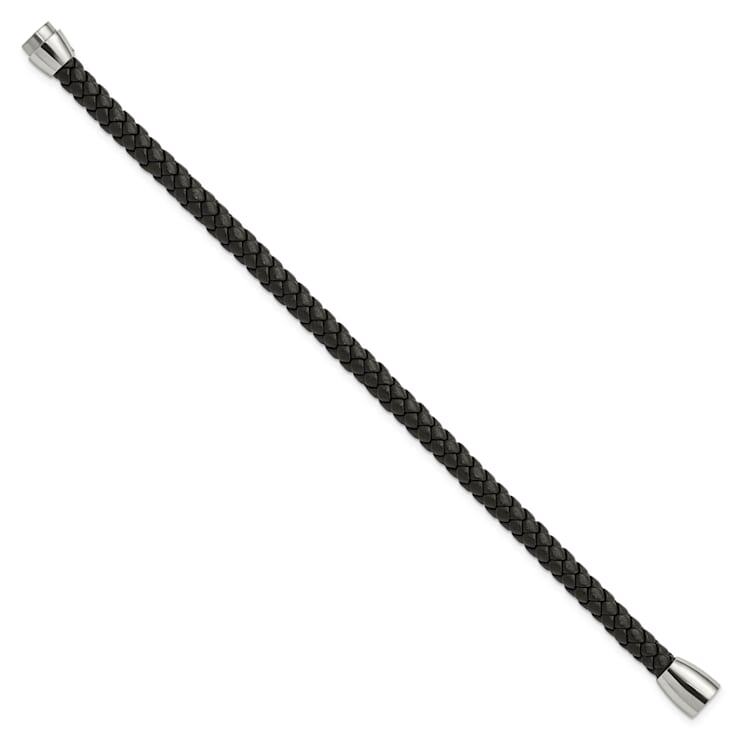 Black Leather and Stainless Steel Polished 8.5-inch Bracelet