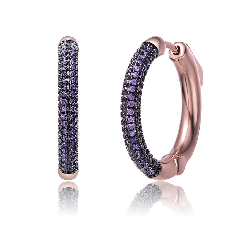 Amethyst Color CZ Pave Hoop Earrings In 18K Rose Gold Over Brass