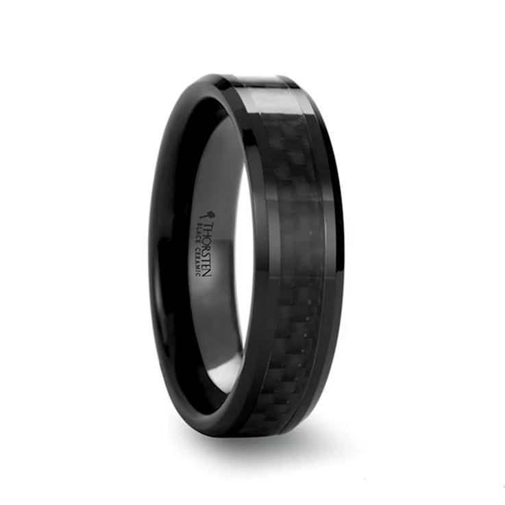 ONYX Black Carbon Fiber Inlaid Black Ceramic Wedding Band 7mm