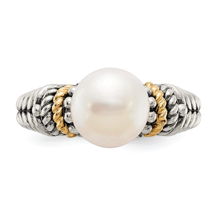 Sterling Silver Antiqued with 14K Accent 8mm Freshwater Cultured Pearl Ring