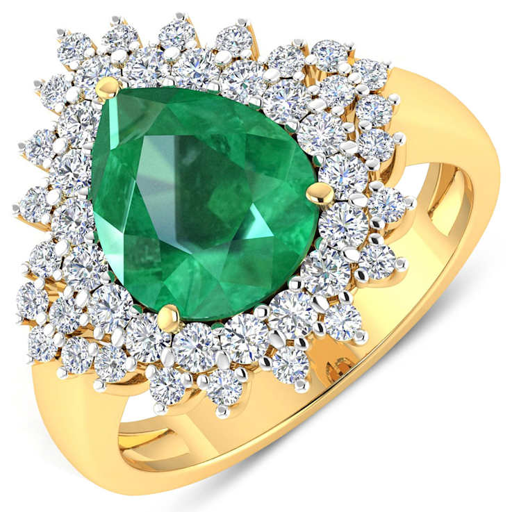 3.74ctw Green Emerald and Diamond 14K Yellow Gold Halo Ring