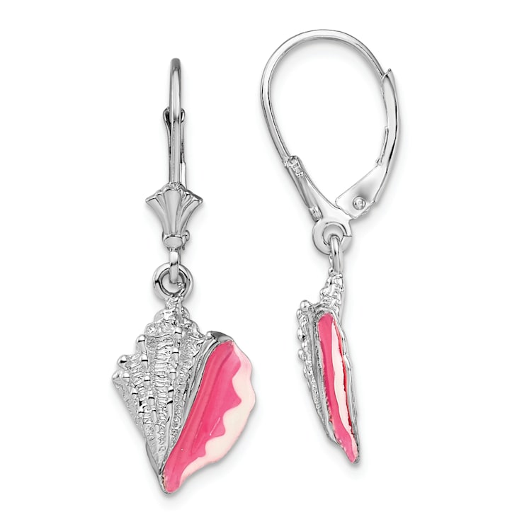 Rhodium Over Sterling Silver Enameled Conch Shell Leverback Earrings