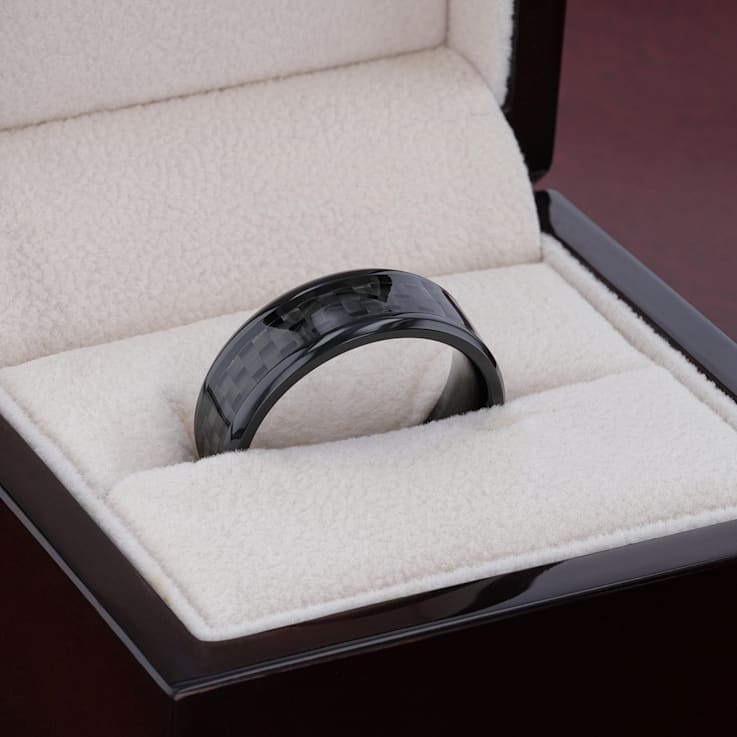 ONYX Black Carbon Fiber Inlaid Black Ceramic Wedding Band 8mm