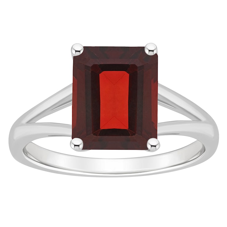 10x8mm Emerald Cut Garnet Rhodium Over Sterling Silver Ring
