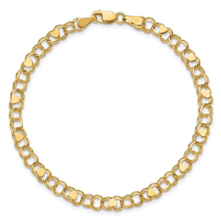14k Yellow Gold 4mm Double Link Heart Charm Bracelet