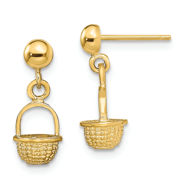 14k Yellow Gold 3D Textured Mini Basket Drop Earrings
