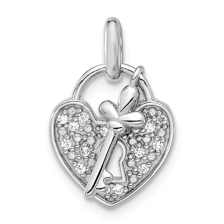 Rhodium Over Sterling Silver Cubic Zirconia Key and Heart Pendant