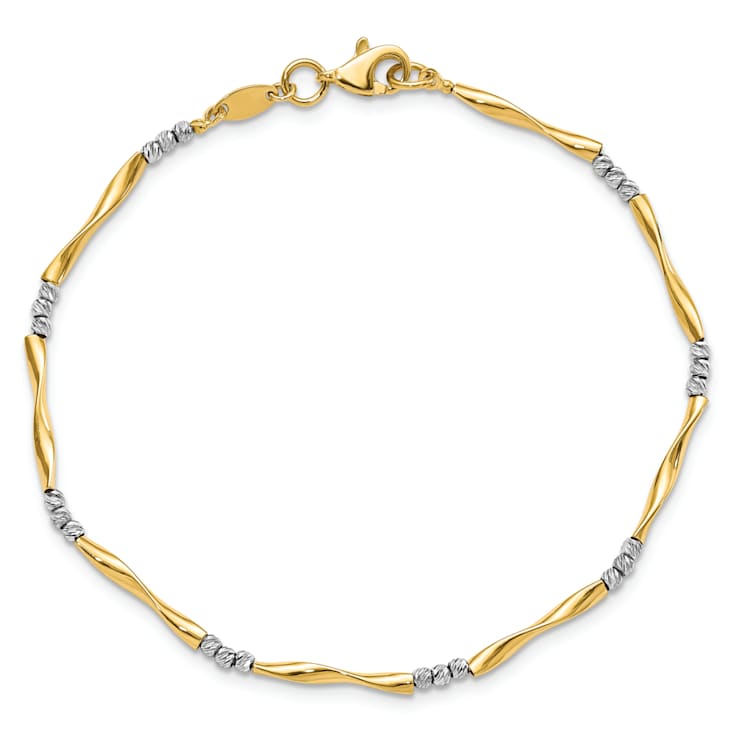 14k Yellow Gold and 14k White Gold Diamond-Cut Wavy and Beaded Bracelet
