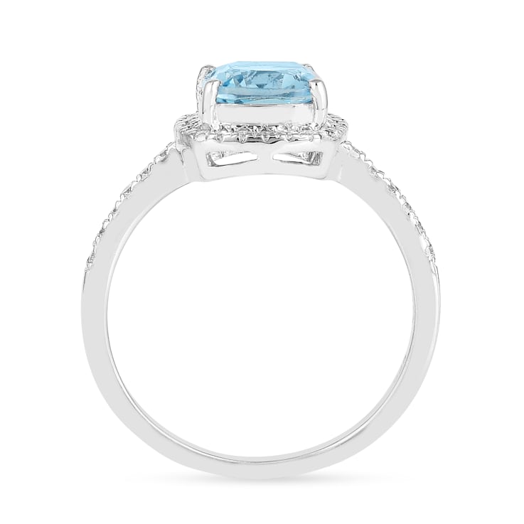 Cushion Swiss Blue Topaz with Moissanite Accents Rhodium Over Sterling
Silver Halo Ring 1.75ctw