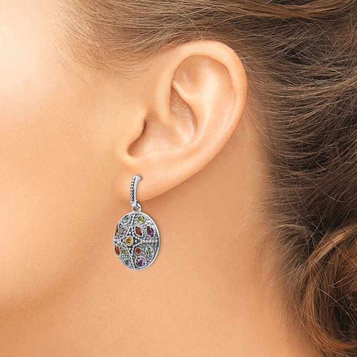 Sterling Silver with 14K Accent Antiqued Multi Gemstone Post Dangle Earrings