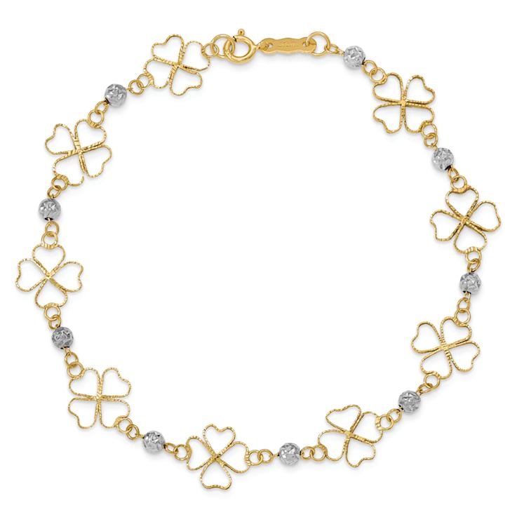 14k Two-tone Gold Diamond-Cut Open Clovers and Beads Link Bracelet