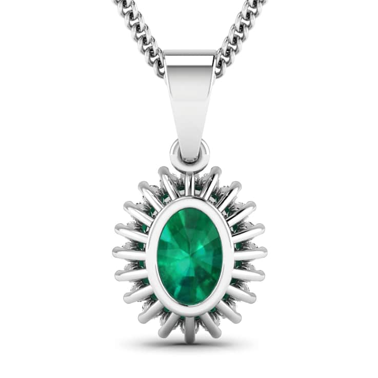 1.10ctw 14K White Gold Zambian Emerald and White Diamond Pendant with 18
inch Cable Chain