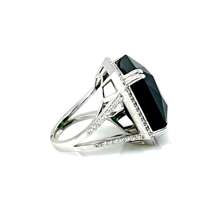 49.45 Ctw Green Tourmaline and 1.06 Ctw White Diamond Ring in 14K WG