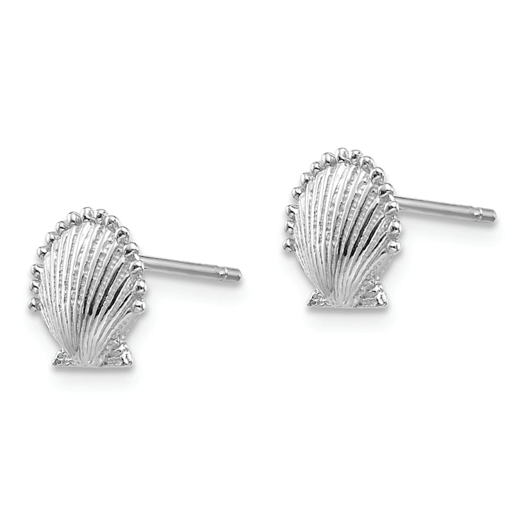 Rhodium Over 14K White Gold Textured Scallop Shell Stud Earrings