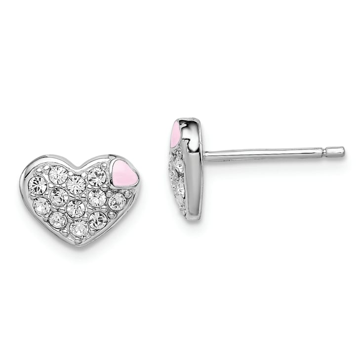 Rhodium Over Sterling Silver Enamel and Crystal Heart Post Earrings