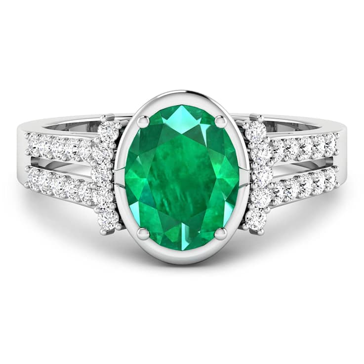 1.83ctw Green Emerald and Diamond 14K White Gold Halo Ring