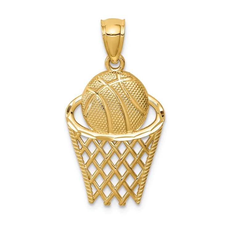14k Yellow Gold Basketball in Hoop Pendant