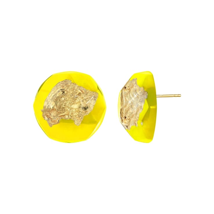 14K Yellow Gold Over Sterling Silver Gold Leaf Button Stud Acrylic
Earrings in Yellow