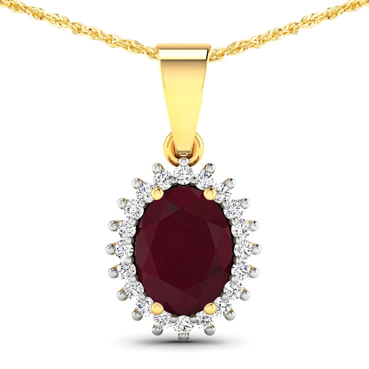 1.50ctw 14K Yellow Gold Ruby and White Diamond Pendant with 18 inch
Cable Chain