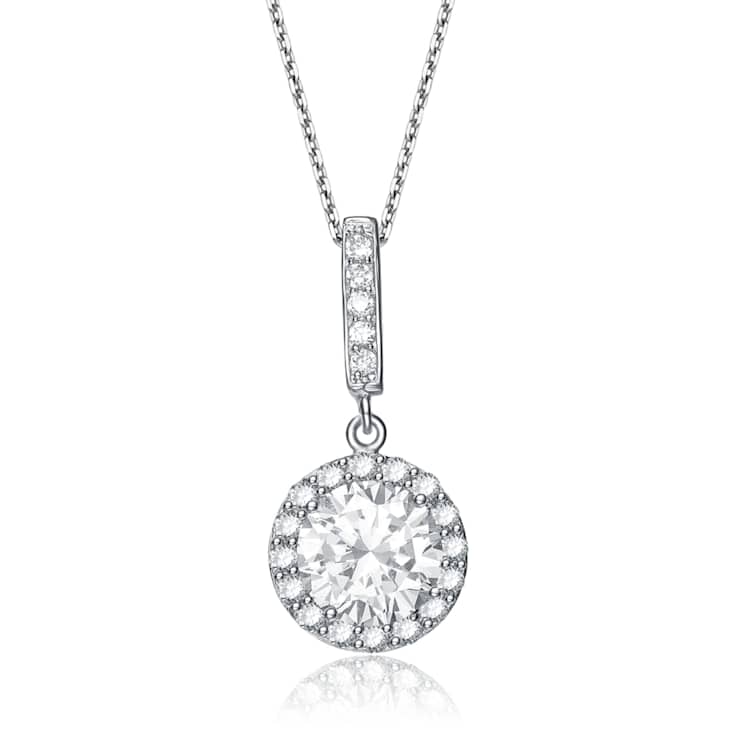 CZ Halo Drop Pendant In Sterling Silver 16 Inch