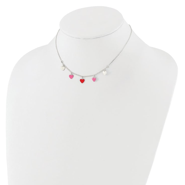 Sterling Silver Polished Pink, Red and White Enamel Heart Children's Necklace