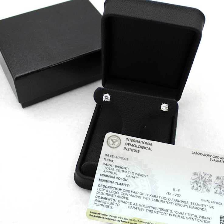 Lab Grown White Diamond 14K White Gold Stud Earrings VS1 Clarity E
Color, IGI Certified 2ctw