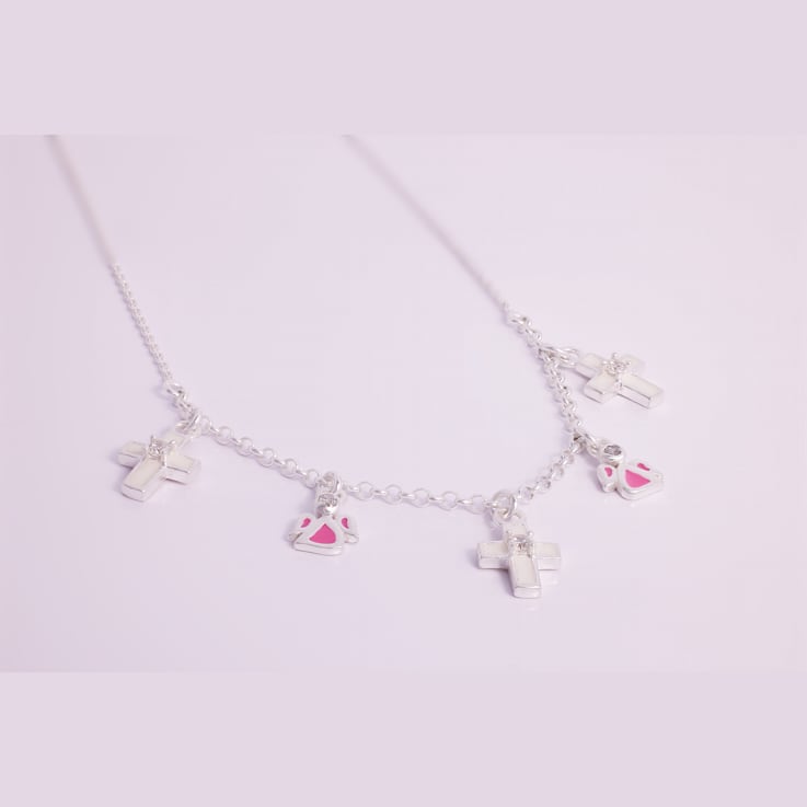 Sterling Silver Polished Enamel Cubic Zirconia Cross and Angels
Children's Necklace