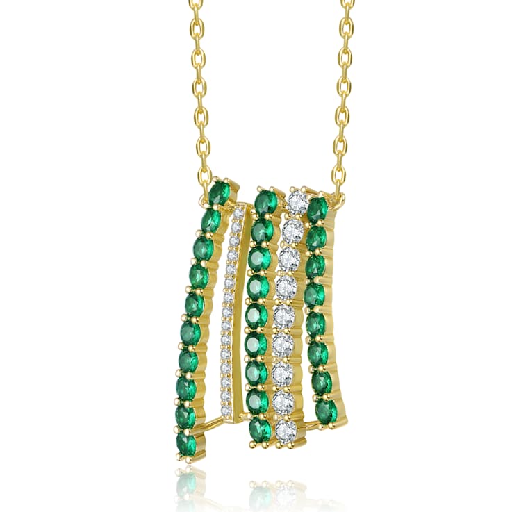 Emerald Color CZ Bar Pendant Necklace In 14K Gold Over Brass