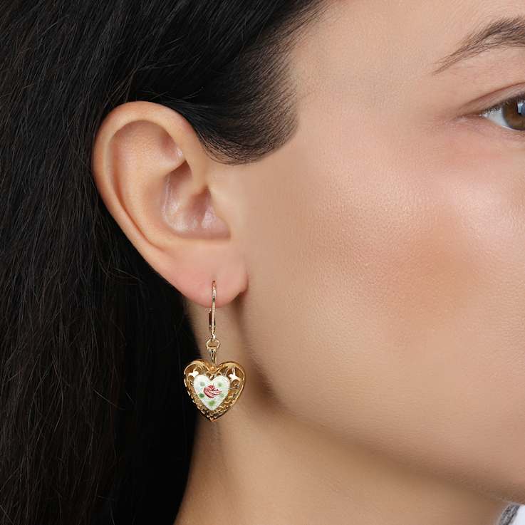 Textured Heart Floral Enamel Center Leverback Earrings