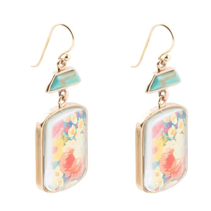 Barse Jewelry Blue Composite Turquoise Gold Tone Scenic Floral Earrings