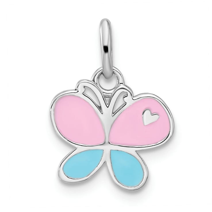 Rhodium Over Sterling Silver Blue and Pink Enamel Butterfly Children's Pendant