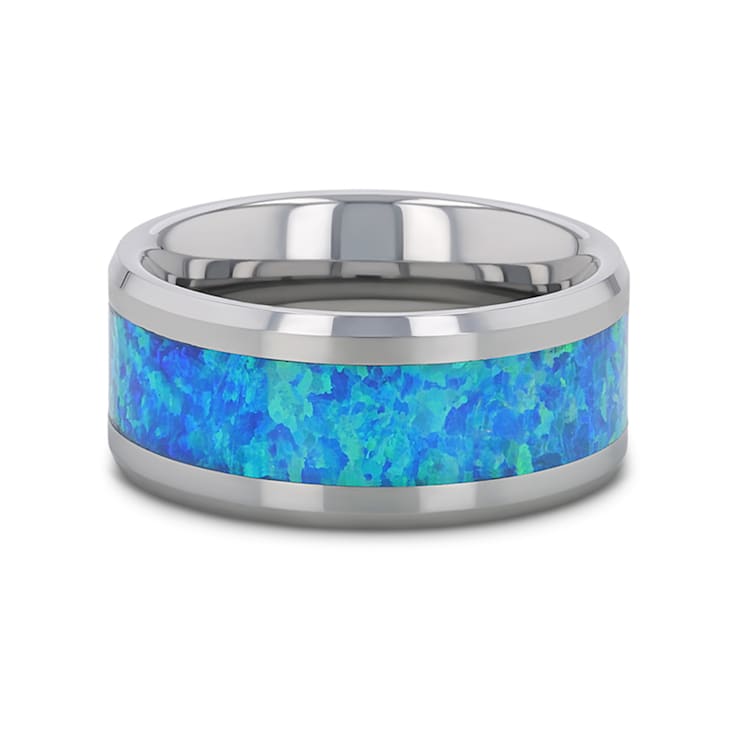 QUASAR Tungsten Wedding Band with Blue Green Opal Inlay 10mm