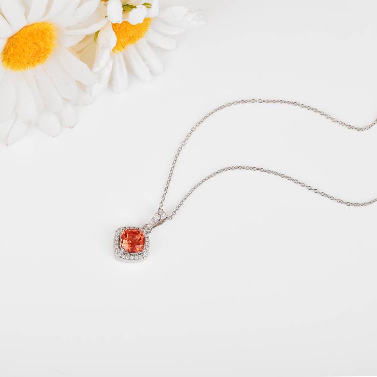 Peach Orange Lab Created Padparadscha Sapphire & Moissanite Sterling
Silver Necklace with Chain