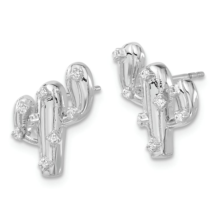 Rhodium Over 14k White Gold Diamond Cactus Stud Earrings