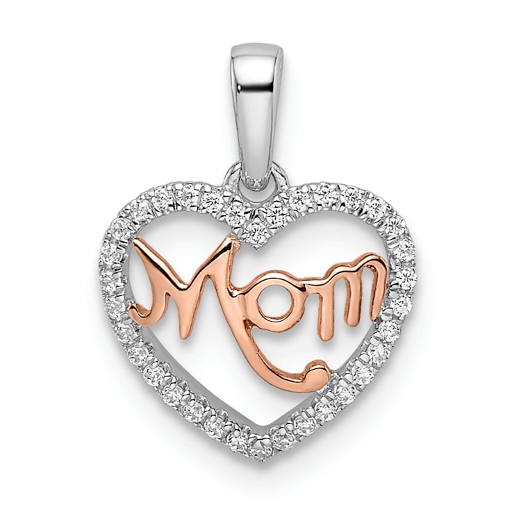 14k White Gold and 14k Rose Gold Diamond Mom Heart Pendant