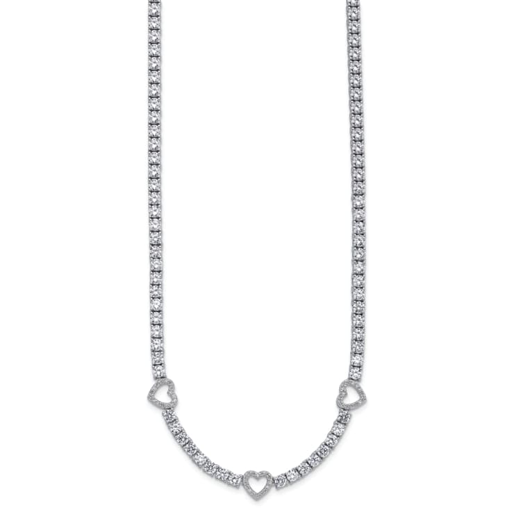 Rhodium Over Sterling Silver Cubic Zirconia Hearts Necklace