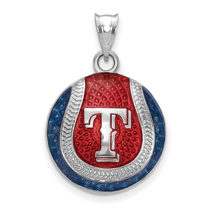 Rhodium Over Sterling Silver MLB LogoArt Texas Rangers Enameled Pendant
