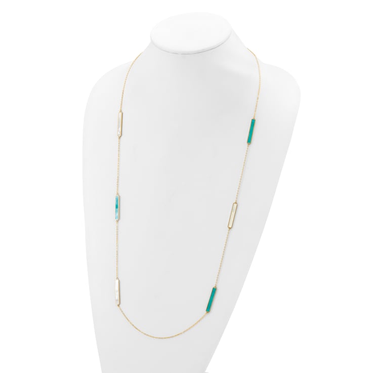 14K Yellow Gold Teal and White Color Mother Of Pearl Bar 34 Inch Necklace