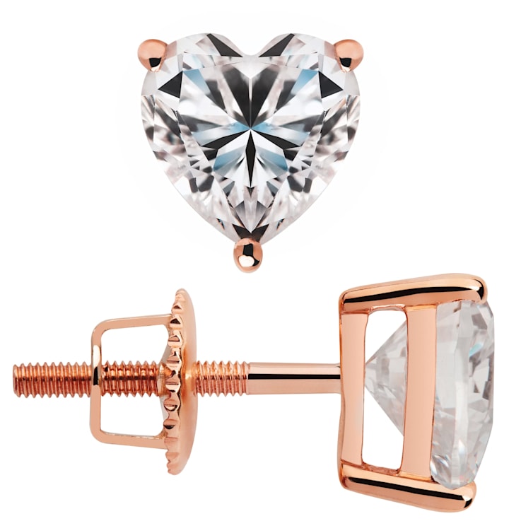 White Cubic Zirconia 14k Rose Gold Heart Studs With Velvet Gift Box 1.50ctw