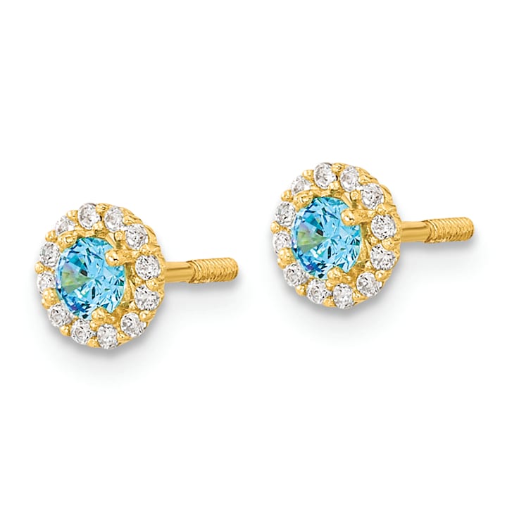 14K Yellow Gold 5.35mm Polished Blue and Clear Cubic Zirconia Stud Earrings