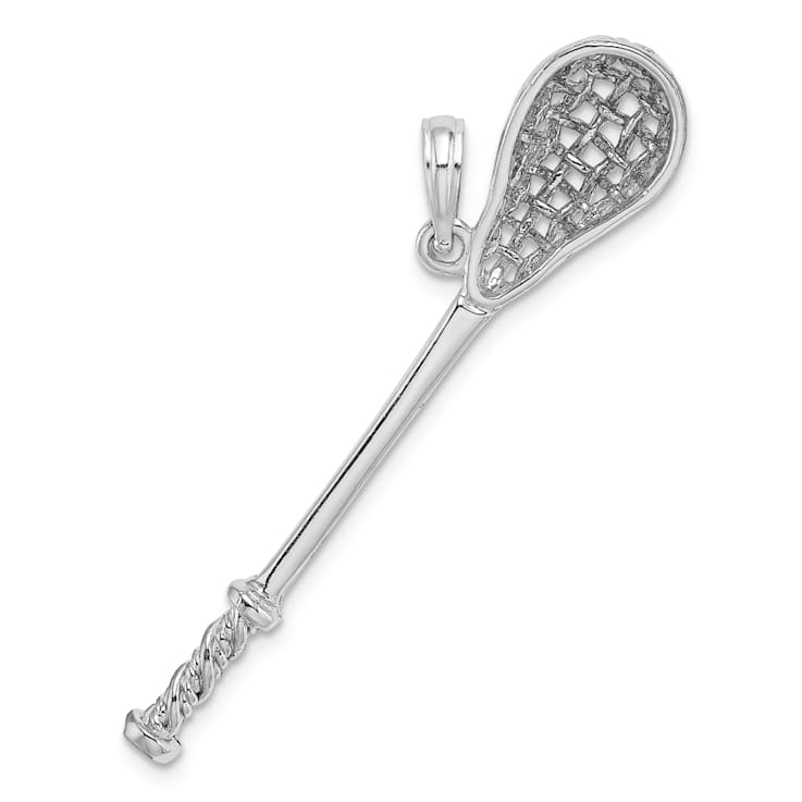 Rhodium Over 14k White Gold 3D Polished and Textured Lacrosse Stick Pendant