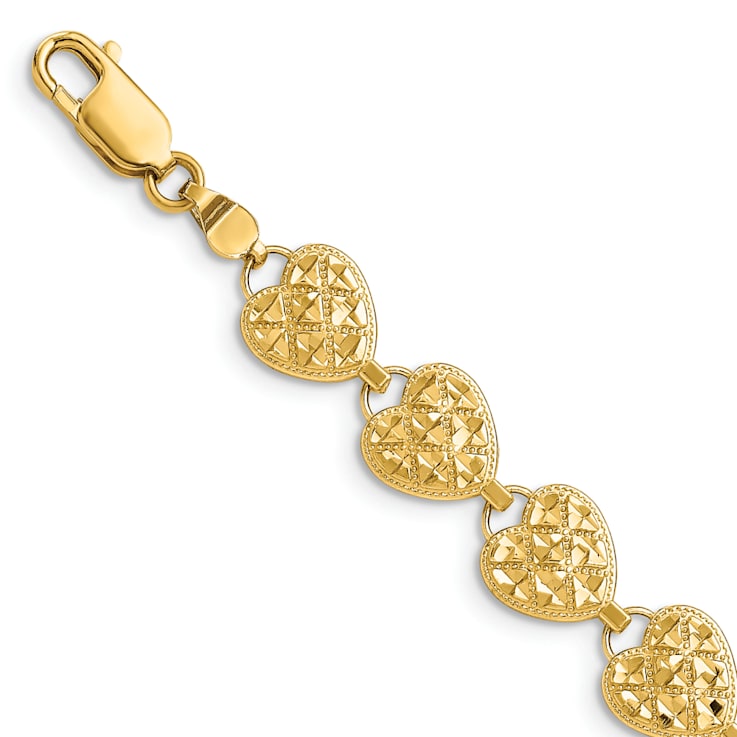 14k Yellow Gold Polished, Textured and Diamond-Cut Hearts Link Bracelet