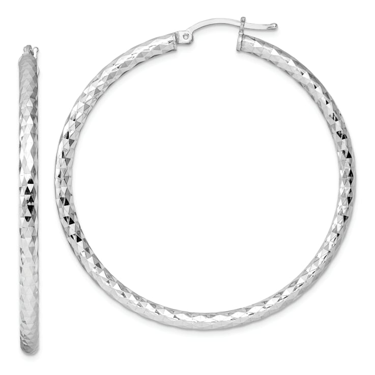 Rhodium Over Sterling Silver 3.00mm Diamond-cut Hoop Earrings