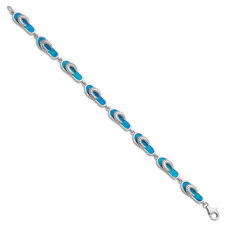 Rhodium Over Sterling Silver 7 Inch Lab Created Blue Opal Inlay Sandal Bracelet