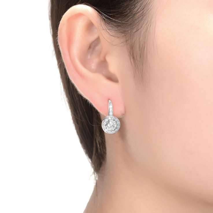 CZ Bezel Halo Drop Earrings In White Rhodium Over Brass